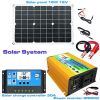 18w dc12v solar panel 30a charge controller dc 12v to ac 110v 220v 300w power inverter auto car outdoor system