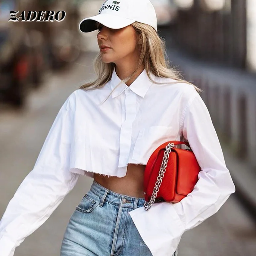 

Casual Shirts Women 2021 Fashion Cotton Turn Down Collar Long-sleeved White Short Shirt Sexy Solid Color Y2k Blouse High Street