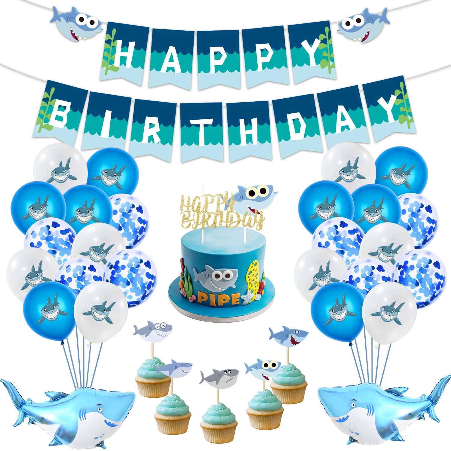 

Shark Theme Cartoon Birthday Party Favors Shark Foil Balloons Banner Cake Topper Funny Birthday Party Decor For Kids Baby Shower