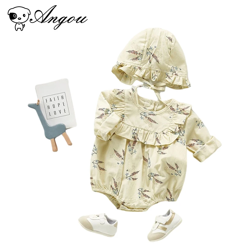 

Angou 2021 New Autumn Toddler Baby Girls Outfit Romper Long Sleeves Jumpsuit Floral Ruffle Infant Baby Clothes With Hat 0-3Yrs