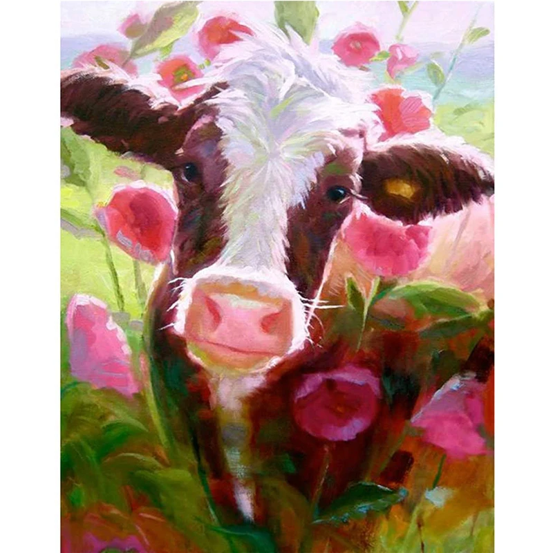 Алмазная живопись сделай сам постер с вышивкой Корова в цветах украшение для