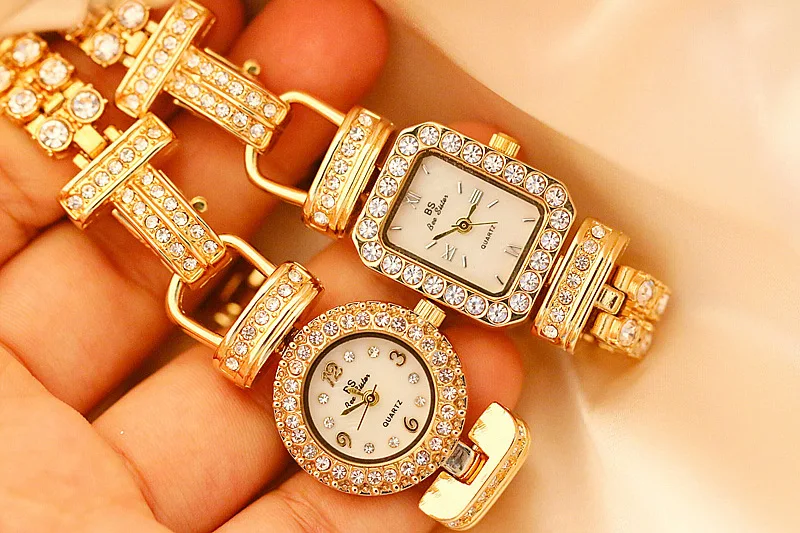 Женские наручные часы из нержавеющей стали золотые с кристаллами и бриллиантами