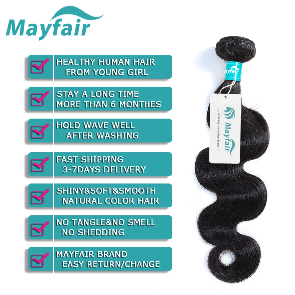 

Mayfair Body Wave Human Hair 3 Bundles With Closure Brazilian Hair Weave Bundles With Closure 4X4 Natural Color Non-Remy Hair