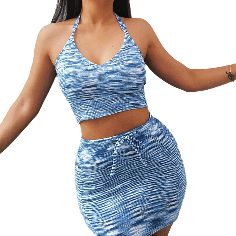 

2Pcs Women Summer Outfit, Striped Tied Halter Neck Backless Crop Tops + High-Waist Knit Skirt for Girls, Blue