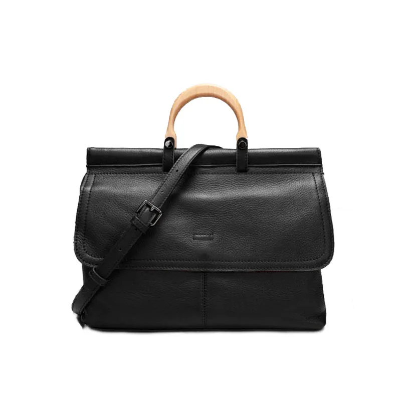 

Briefcase Women's 2020 New Retro Simple First Genuine Leather Postman Bag Wooden Handle One-shouldered Lady's