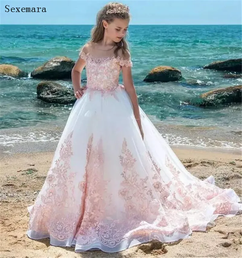 New Flower Girl Dresses Pink Lace Appliques with Long Train Princess First Communion Dress Custom Made | Детская одежда и обувь