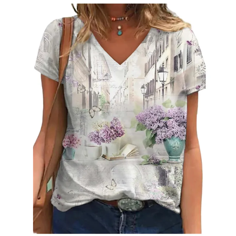 

New Summer Women T Shirt Short Sleeve V-Neck Abstract Flower Print T Shirts Casual Street Plus Size Female Tops Oversized S-5XL