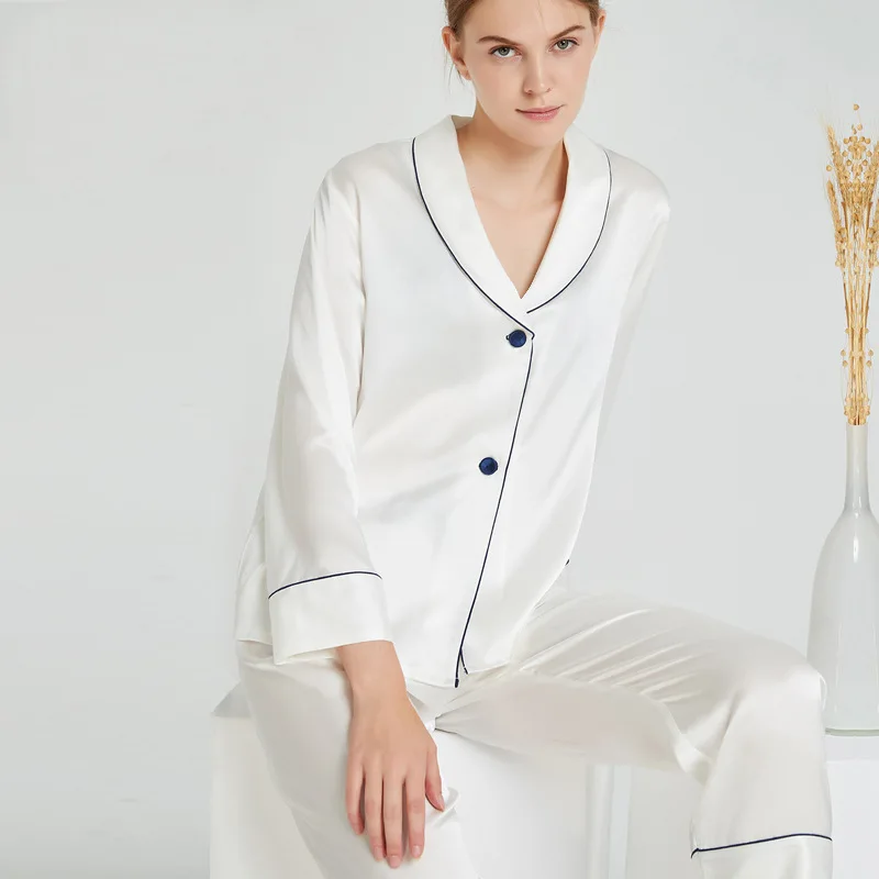 Women's Silk Pajamas Spring and Autumn 100% Pure Silk Tracksuit Two-Piece Suit Can Be Worn Outside