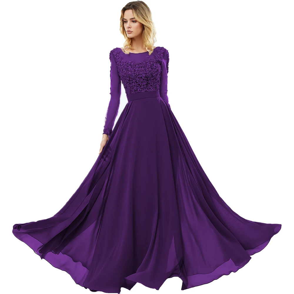 Фиолетовый Vestido de festa, серое шифоновое длинное вечернее платье, сексуальное, с открытой спиной, с длинными рукавами, кружевное платье для выпускного вечера, Vestido Longo - Цвет: Фиолетовый