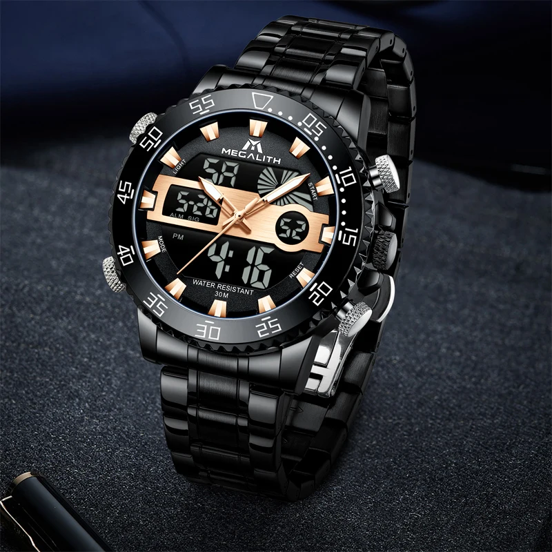 Цена оптовой продажи мегалитическая Нержавеющая сталь Черный Мужские часы