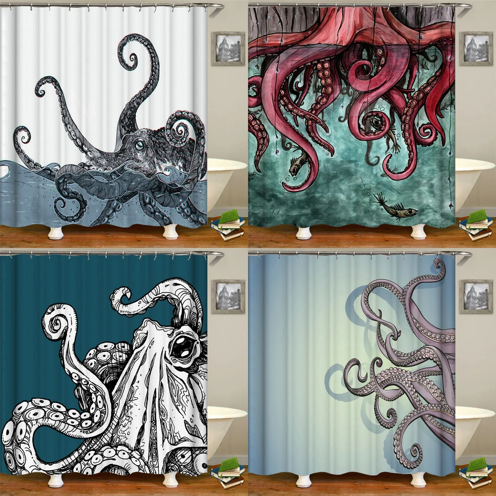 Octopus Seas Shower Curtains Bath Curtain 180*180cm Waterproof Bathroom Home Decor Washable Fabric Bathroom Screen With 12 Hooks