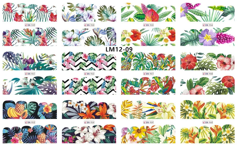 LM12-09 12 Designs Watermark Nail Art Decoration Water Decals Flower Flamingo Bird Rose Sticker Manicure Sliders Adhesive Tip BN913-924 - Color: LM12-09