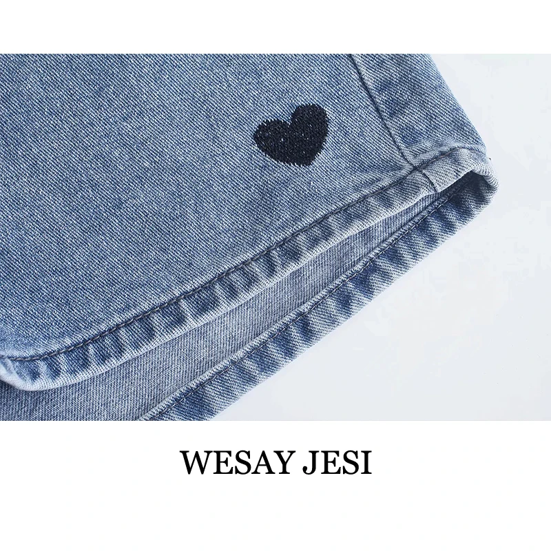 

WESAY JESI Summer Women's Shorts Vintage High Waist Jeans Casual Fashion Love Print Pockets Streetwear All-Match Straight Pants