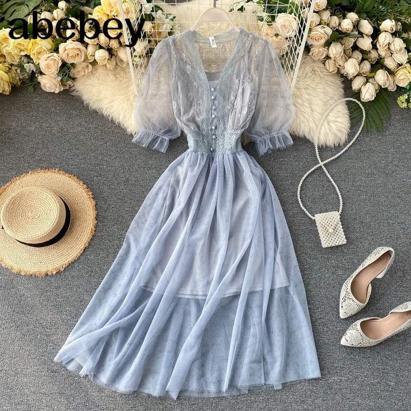 

Женский сетчатый комплект из двух предметов, ажурное кружевное платье с пышными рукавами и привлекательное короткое платье на бретелях, пл...