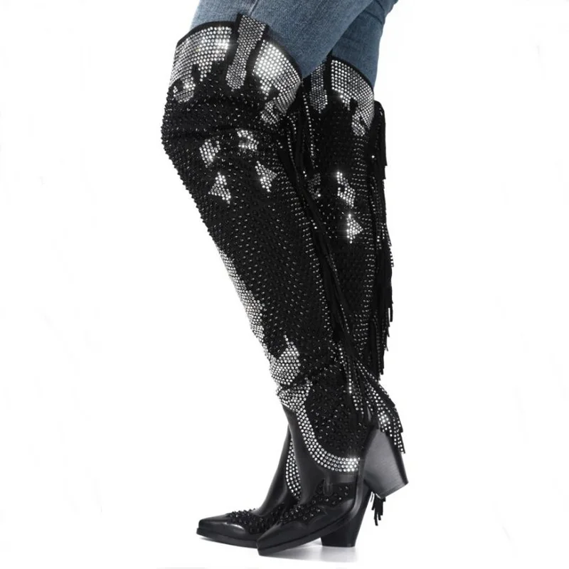 

New Arrivals Bling Bling Crystal Over The Knee Boots Chunky Heels Black Silver Rhinestone Tassel Boots Pointed Toe Winter Shoes