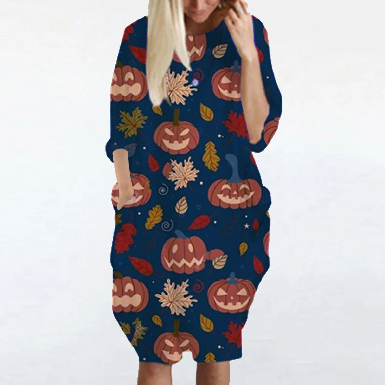 Женское свободное платье средней длины повседневное базовое с длинным рукавом и