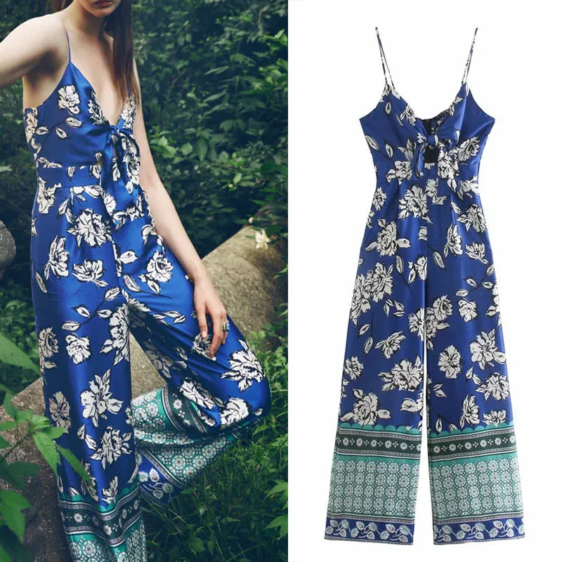 

Комбинезон женский с V-образным вырезом, пикантный комбинезон на бретелях-спагетти, с принтом, с оборками и широкими штанинами, голубой, лето...