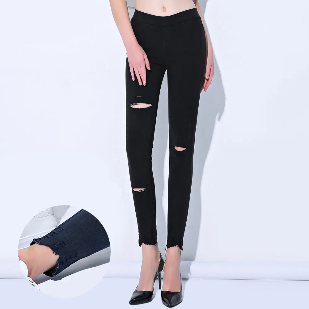 

Large Size Stretch Damen Leggings jeggings Fake Jeans Ankle Length Ripped Pants Knee with Holes Real Pocket Casual Pencil Pants