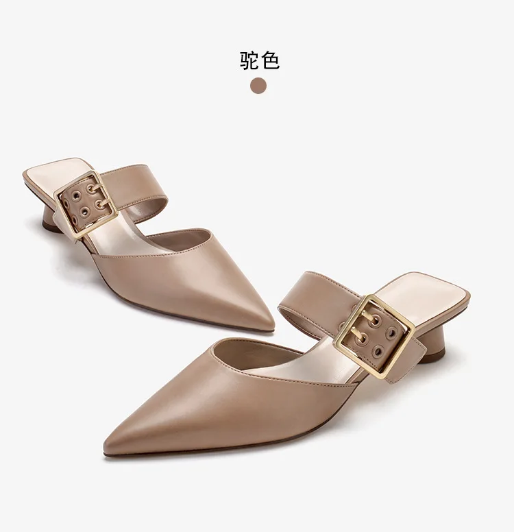 

Shallow Rivet Slippers Soft Female Shoes Pointed Toe Beige Heeled Sandals Mules For Women 2021 Comfort New Black Cover Rubber Mi