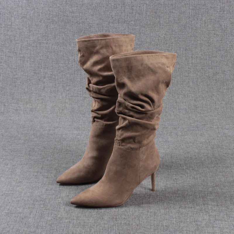 

Brand Women's Shoes Lady Boots Fashion Mid Calf Rubber Large Size Pointy High Heel Leather Lace-Up Solid Slip-On Mid-Calf Pleat