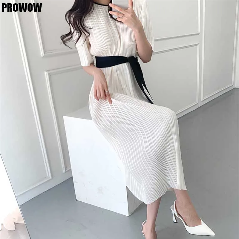 

French Women White Dress Korean Elegant One-Piece Round Neck Pleated Lace Dresses New 2021 Summer Ladies Office Dress Midi Dress