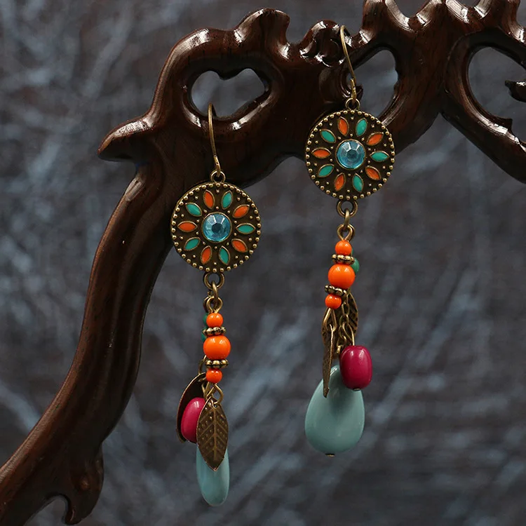

Retro Wholesale Bohemian Retro Long Oil Painting Beaded Eardrops Earrings India Fashion Ornament Gift