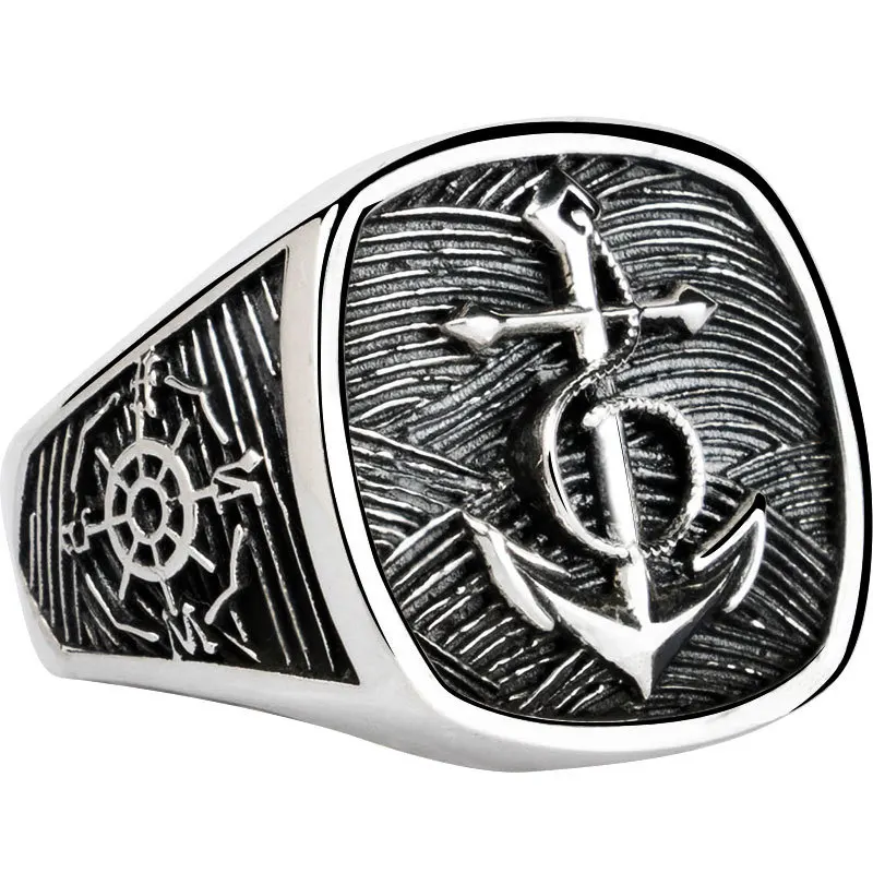 S925 silver Nordic fearless ship anchor man's ring, wide version original design personalized Navy style forefinger ring