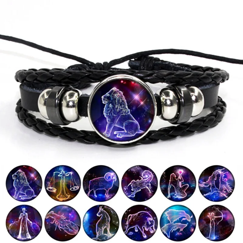 

Luminous 12 Zodiac Signs Bracelet Glow In The Dark Constellation Glass Cabochon Snap Button Leather Bracelets Birthday Gifts