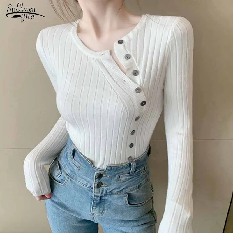 

V-neck Pullover Women Sweater Button Design Knit Korean Sweater Autumn Winter New Sexy High Waist Pull Femme Tops Clothing 17573