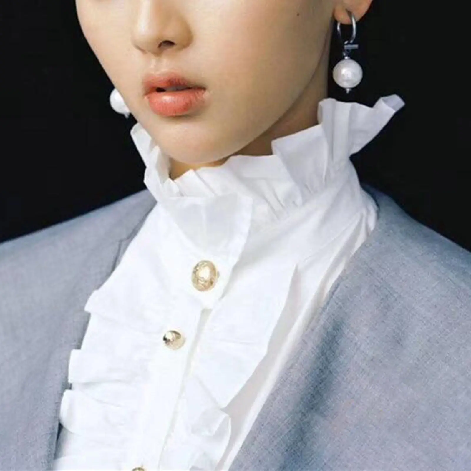 

Women Steampunk Ruffles Fake Collar Detachable Buttons Stand-up Lapel Half Shirt