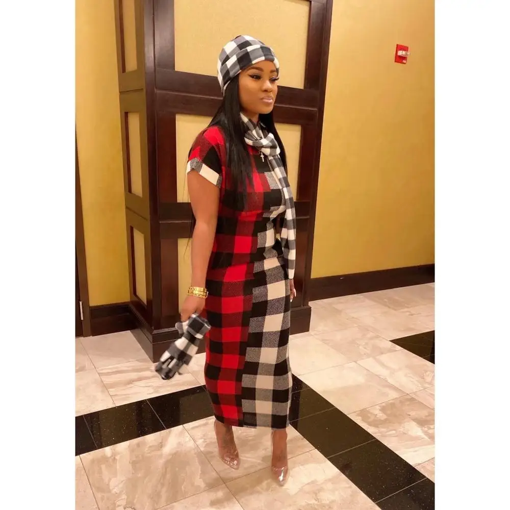 

2020 Spring New Women Slim Bodycon Dress Summer Short Sleeve O-Neck Plaid Print Maxi Robe Dresses Female Work Pencil Long Dress