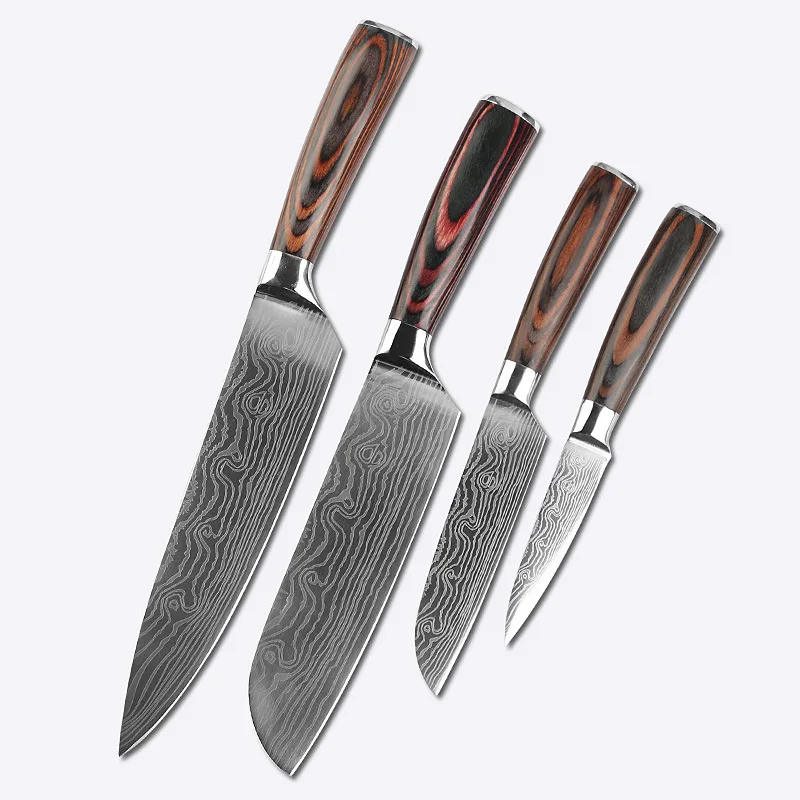 

New Kitchen Knife Sets 4 PCS 3.5-8 Inch Laser Damascus Stainless Steel Chef Knife Japanese Santoku Cleaver Slicing Paring Knive