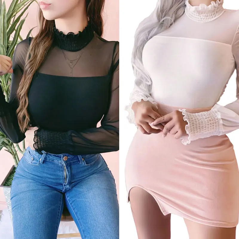 Early Spring Sexy Lace Long Sleeve Blouse For Women Ladies Mesh Tops Pullover Sweater Loose Jumper | Женская одежда