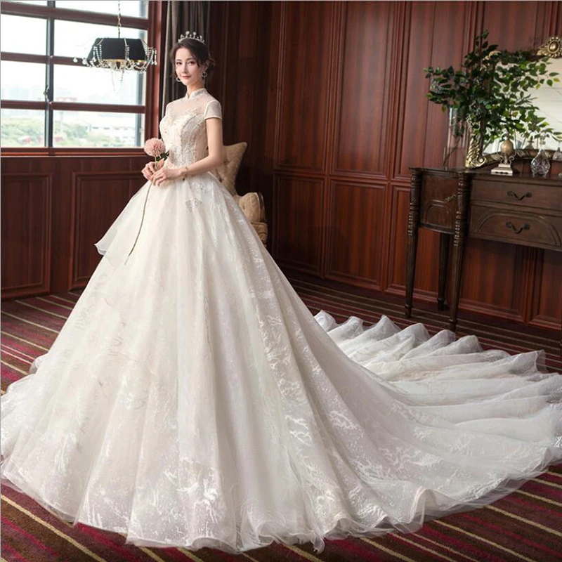Expensive Prices Luxury Beading Wedding Dress High Neck Long Train New Bridal Dress Novias