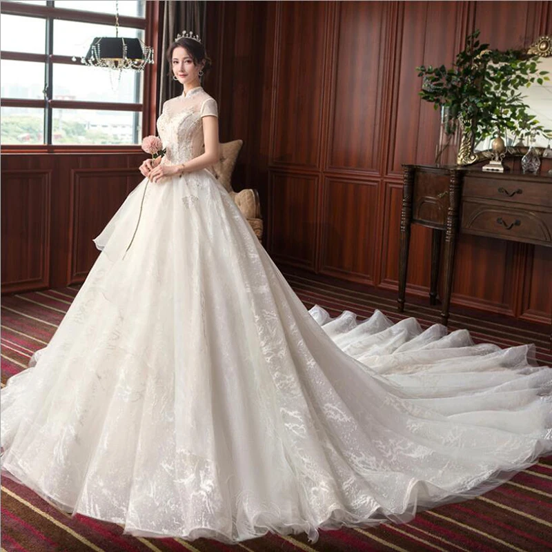 

Expensive Prices Luxury beading wedding dress High Neck Long Train 2020 New bridal dress novias