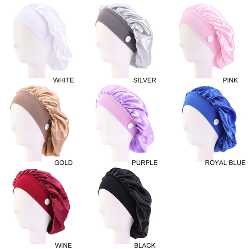 

Women Silk Night Sleep Cap Hat Hair Treatment Hat Head Cover Satin Turban Wrap Band Elastic Long Hair Care Wide Band Bonnet