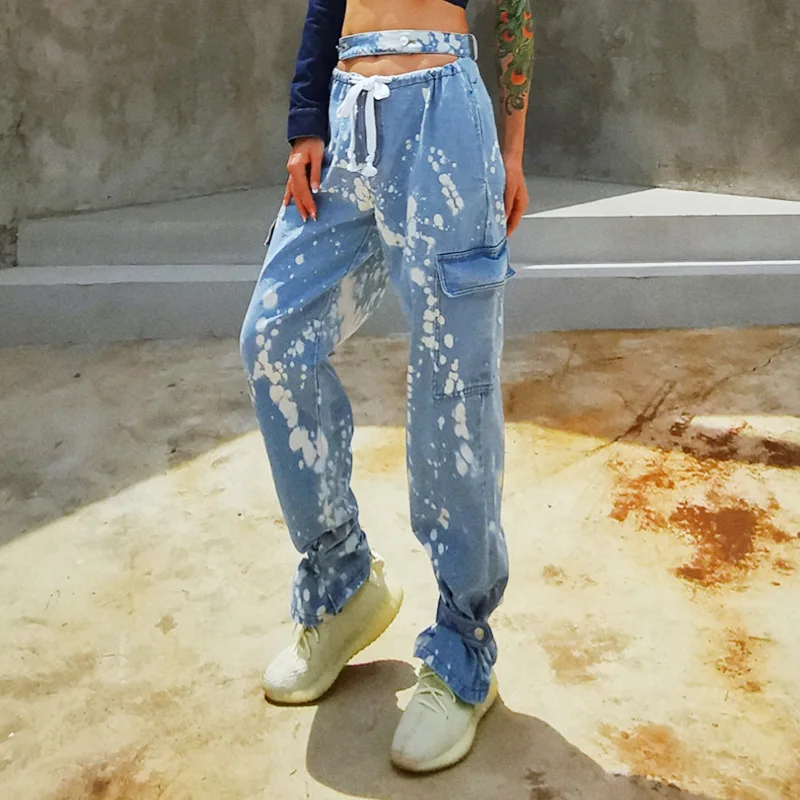 

Spring Summer Elastic High Waisted Jeans Women Long Loose Tie Dyeing Denim Pants Fashion Street Casual Trousers Streetwear 2021