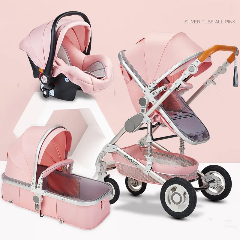 all pink 3 in 1 Роскошная детская коляска с высоким пейзажем, 3 в 1, детская коляска, летняя зимняя коляска, Адаптированная для новорожденных, детская люлька, купон на 10 USD - Цвет: all pink 3 in 1