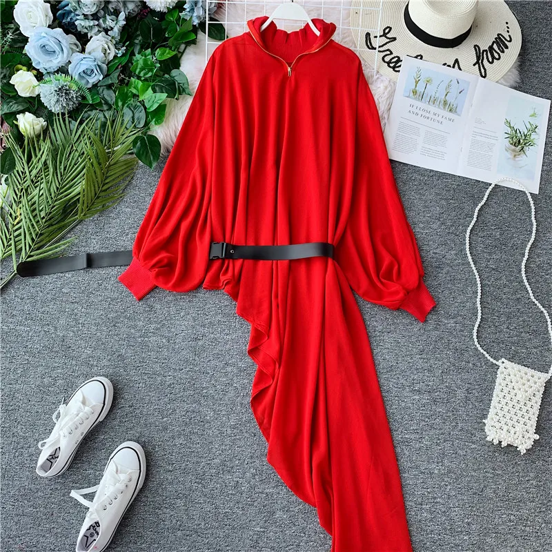 Amolapha женское однотонное асимметричное платье с длинным рукавом на молнии