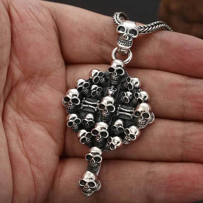 S925 silver color Skull Cross Pendant necklace for men Gothic Punk style Thai silver color jewelry Hip hop pendants Necklace