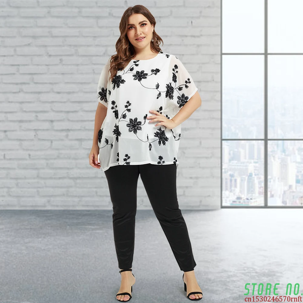 

2021 Fashion Plus Size Women's Shirt Summer Round Neck Chiffon Bohemian Floral Print Office OL Style Loose Elegant Casual Blouse