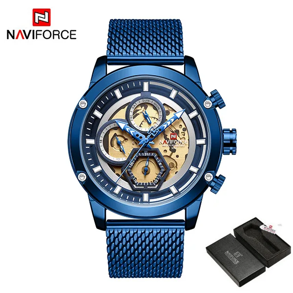 BlueWithBox NAVIFORCE Лидирующий бренд мужские s часы Роскошные бизнес часы хронограф кварцевые мужские армейские наручные часы Мужские часы Relogio Masculino - Цвет: BlueWithBox