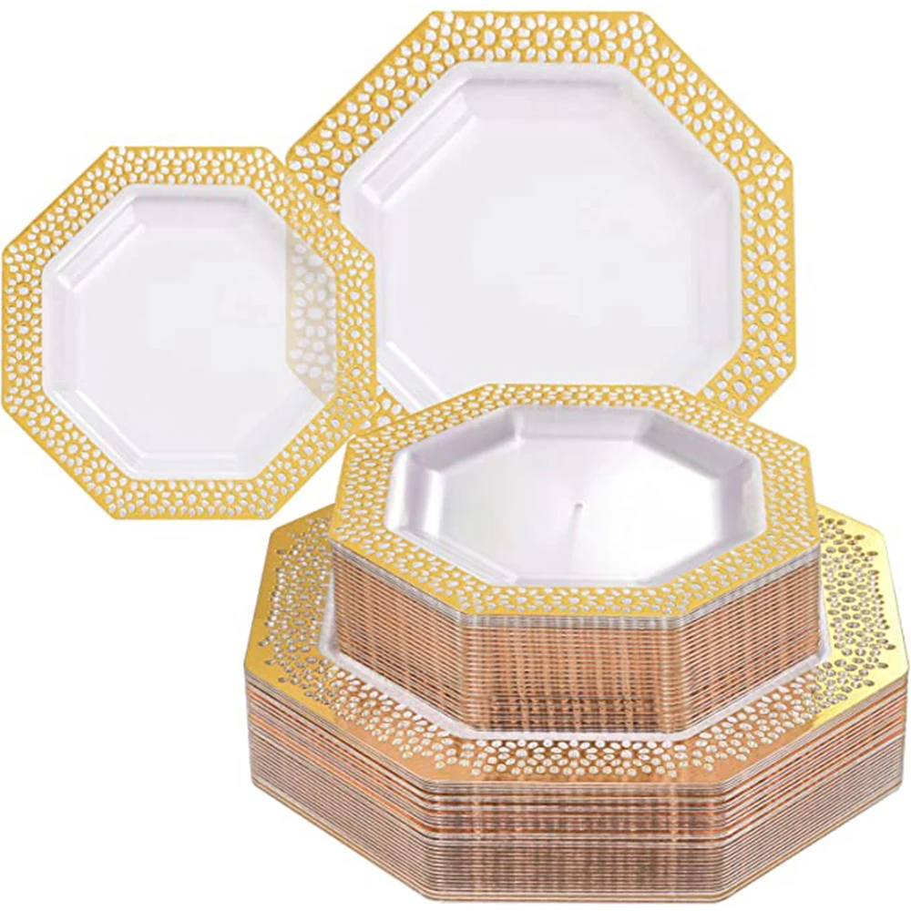 

20Pcs Golden Plastic PlateTransparent Disposable Plastic Unique Golden Bronzing Design High Quality Golden Crystal Plate