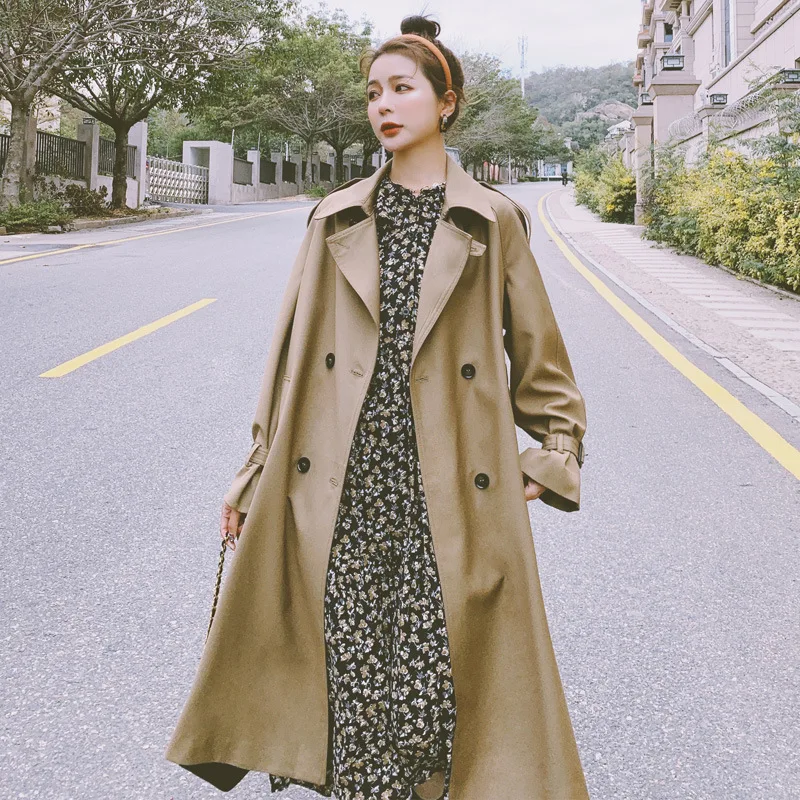 

Women's Windbreaker Khaki Long Spring Autumn Ladies Trench Coat Korean Loose Big Size Simplicity Double Breasted Cloak Female