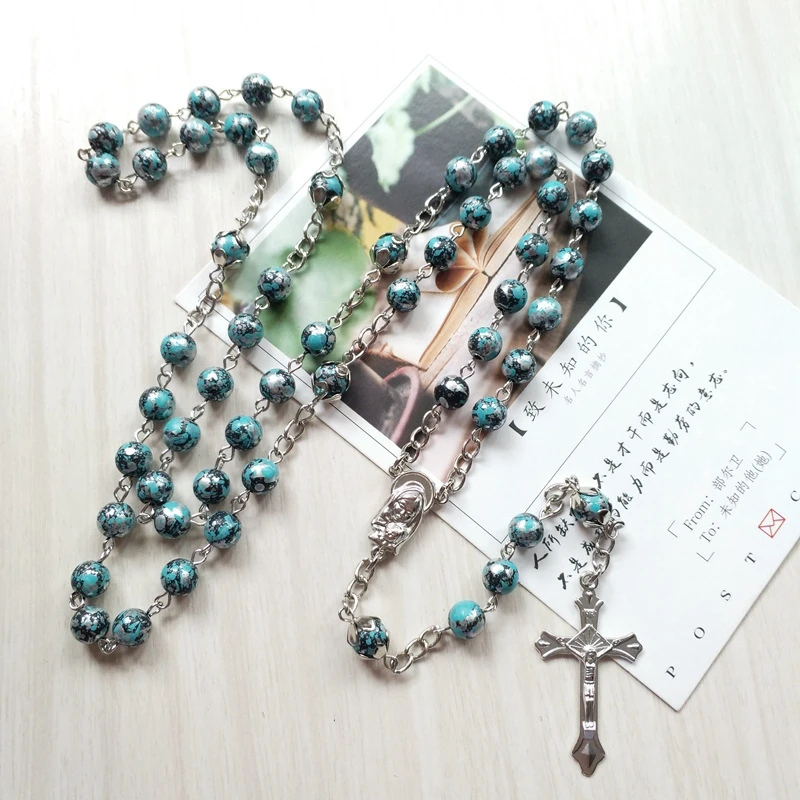 Ожерелье QIGO с зеленым акриловым длинным кулоном религиозный крест Розария