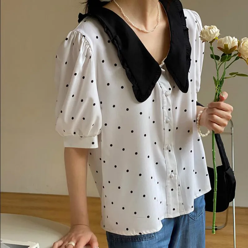 

2020 New Japan Style Cute Doll Collar Puff Short Sleeve Blouse Women Summer Chic Polka Dot Shirt Female Kawaii Tops