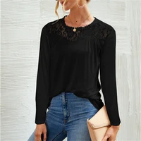 2021 new autumn winter round neck long sleeve lace stitching shirt tops casual loose women fashion solid color blouse