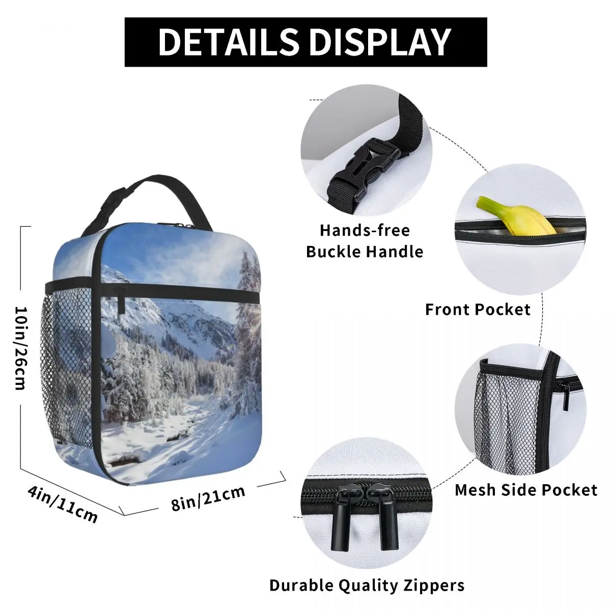 

Snow Mountain Landscape Lunch Bag for Women Men Large Insulated Lunch Box with Water Bottle Holder and Pockets