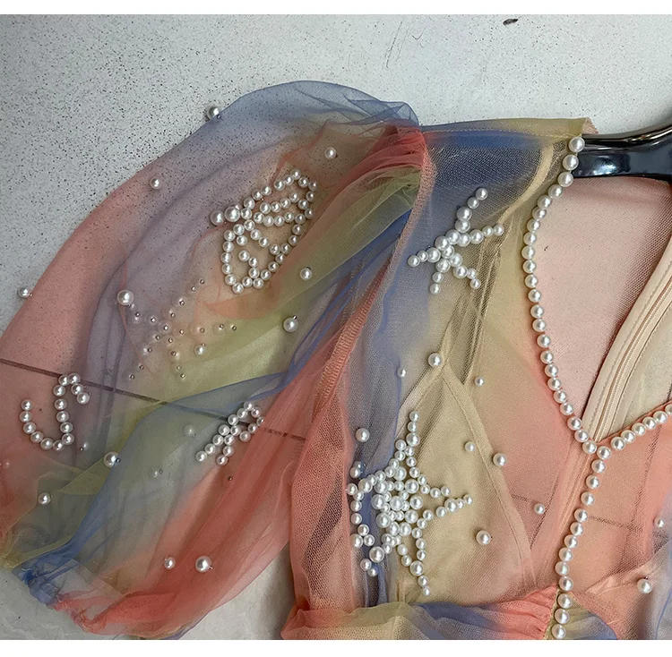 

French Style Temperament Color Mesh Beads Dress 2021 Female Summer New Double-Layer Elegant Short Sleeve Mid-length Dress