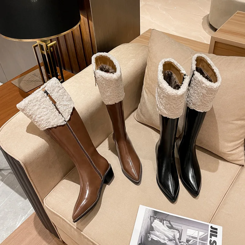 

2021 Pointed Toe Western Cowgirl Boots Cowboy Boots Shoes Women Long Boots Female Motorcycle Biker Botas Mujer Fleece Footwear